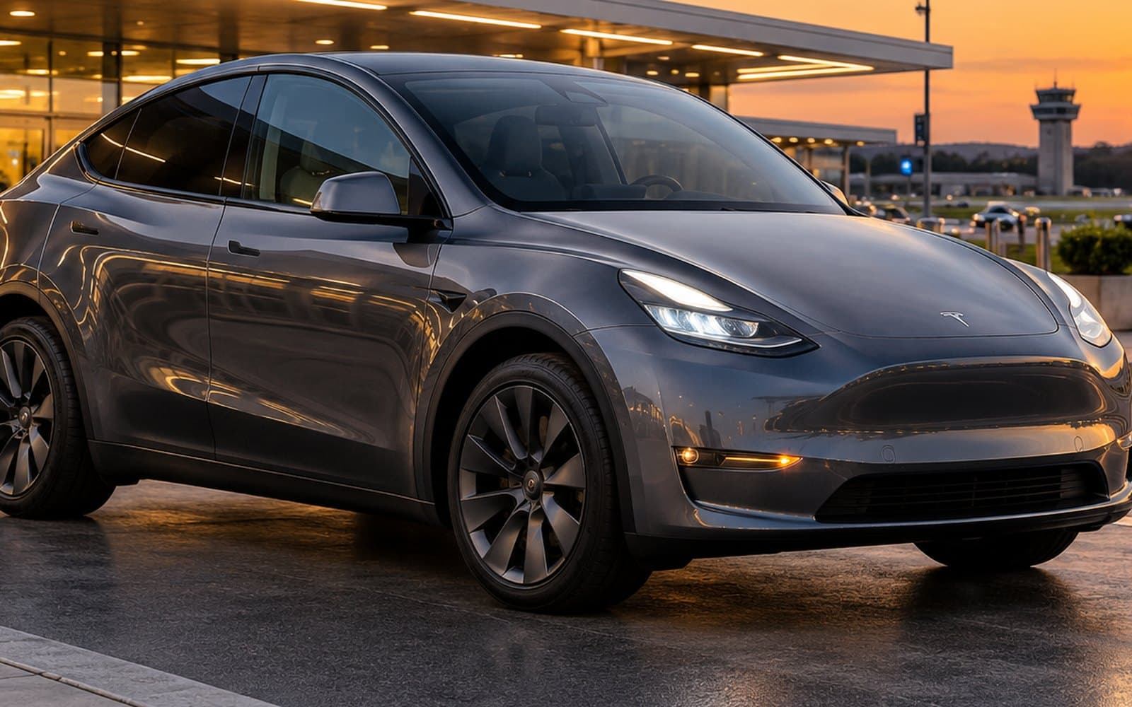 Grey Tesla Model Y at an airport terminal at sunset